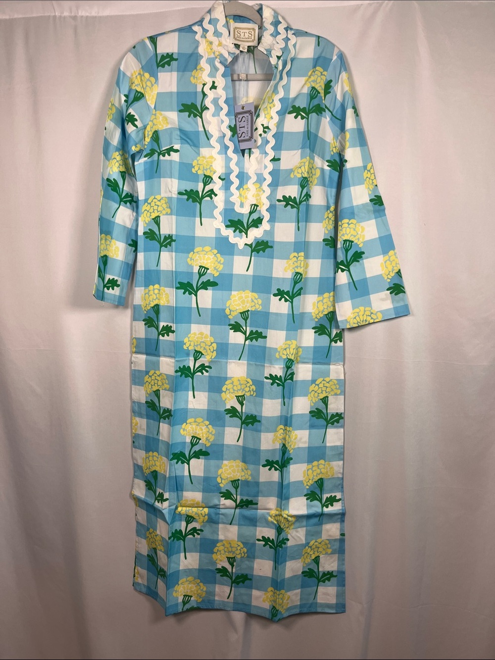 Sail to sable NWT blue yellow white floral gingham cotton kaftan dress sz s - Picture 2 of 9